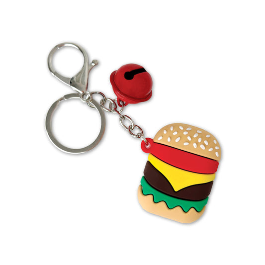 Keychain with a colorful burger design on a white background