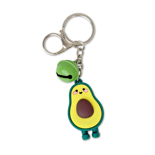 Avocado-shaped keychain with a smiling face on a white background