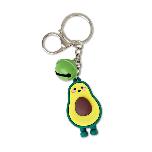 Avocado-shaped keychain with a smiling face on a white background