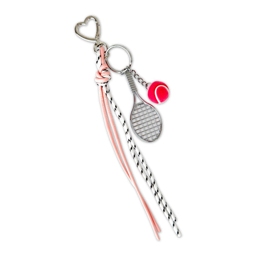 Keychain with tennis racket and ball design on a white background