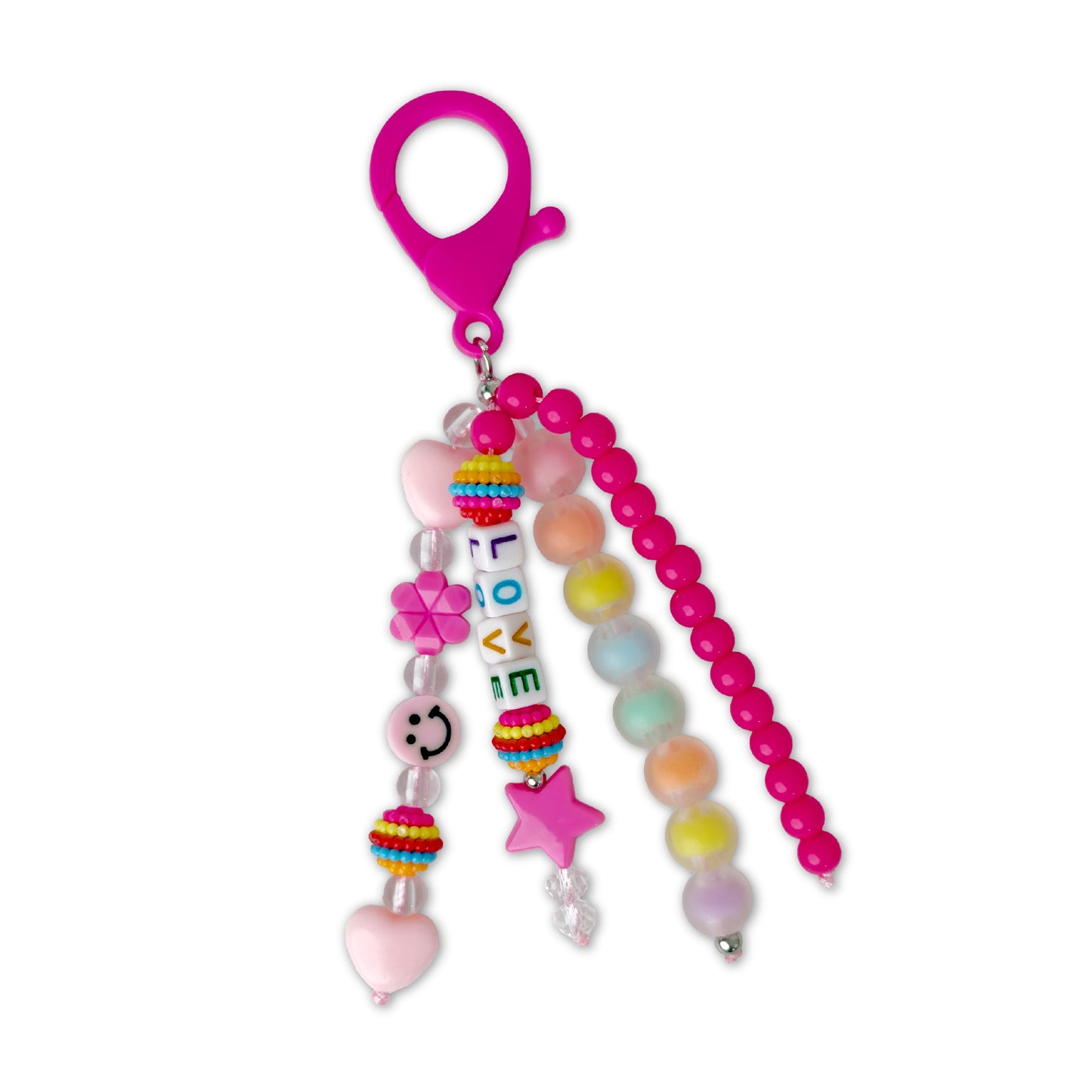 Colorful beaded keychain with pink clip on a white background