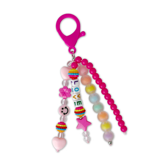 Colorful beaded keychain with pink clip on a white background